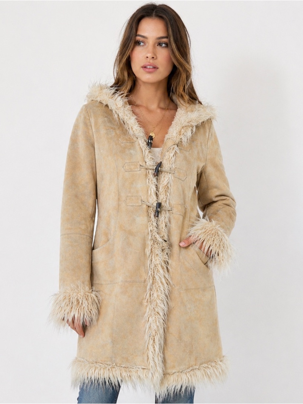 Bebe Vintage Penny Lane Y2K Faux Suede Fur Hooded Coat Size Small Tan Beige